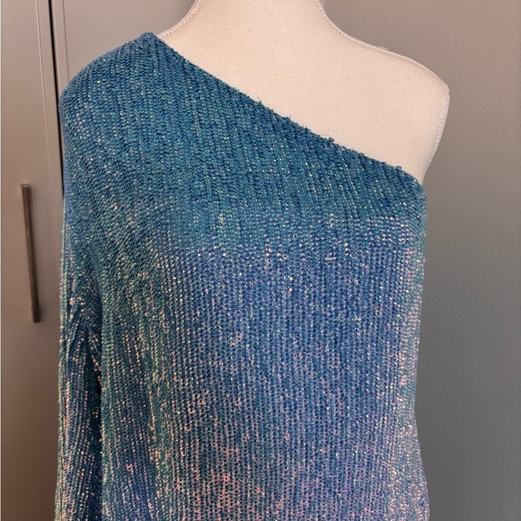 Blue Iridescent Sequin Retrofete One-Shoulder Dress - Picture 2 of 13